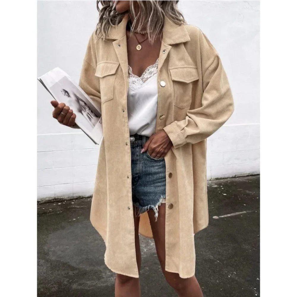 Corduroy Snap Button Flap Pocket Curved Hem Coat Khaki - Picture 6 of 6